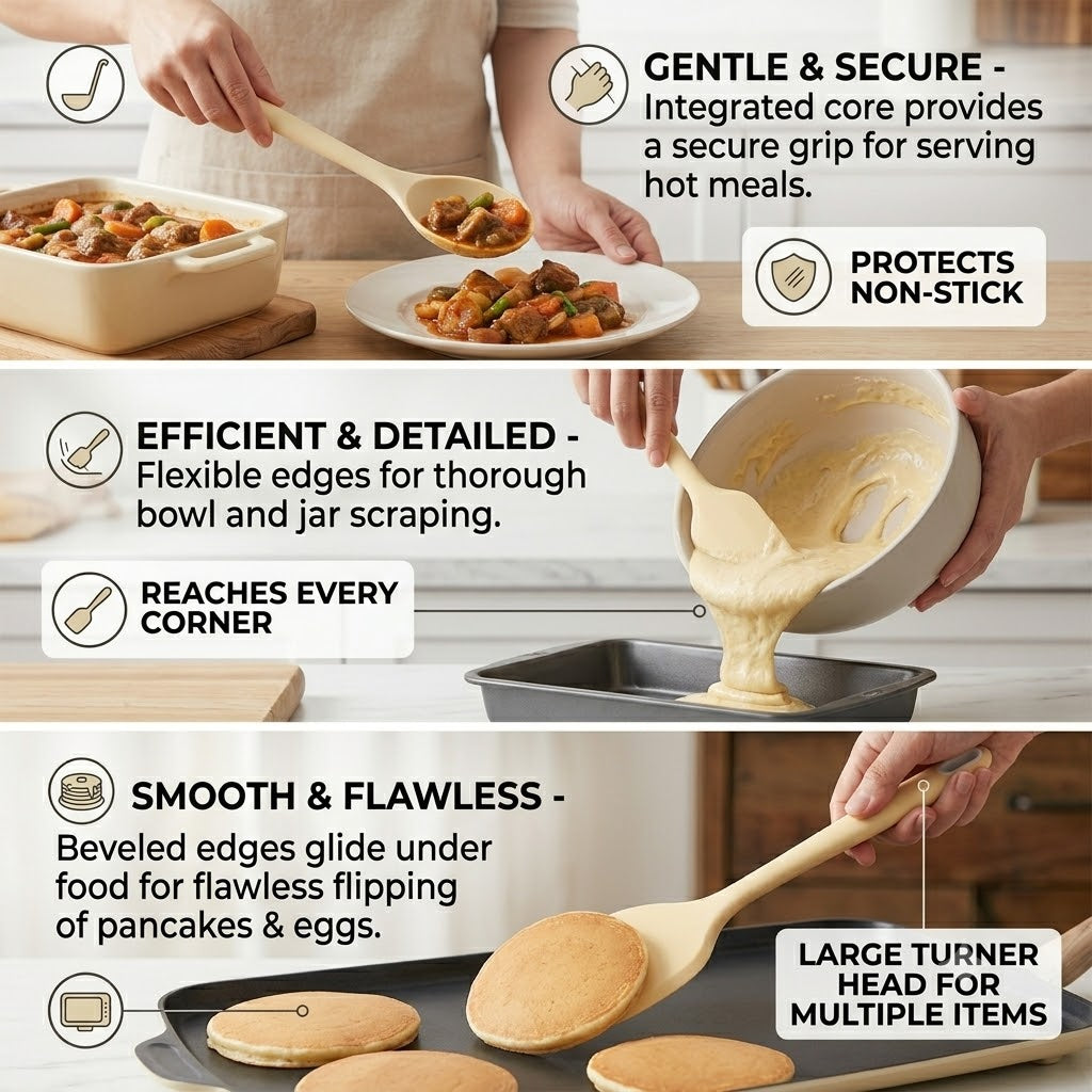 Premium 6-Piece Silicone Kitchen Utensil Set with Wooden-Style Accents - Heat Resistant, Non-Stick Cooking Spoon, Spatula, Ladle, and Pasta Server Set (Pale Beige)