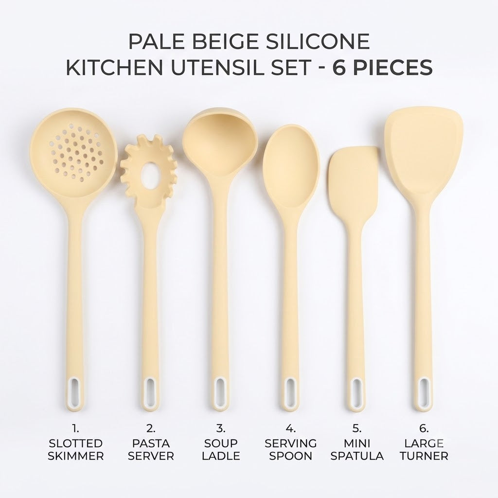 Premium 6-Piece Silicone Kitchen Utensil Set with Wooden-Style Accents - Heat Resistant, Non-Stick Cooking Spoon, Spatula, Ladle, and Pasta Server Set (Pale Beige)