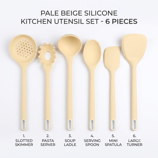 Premium 6-Piece Silicone Kitchen Utensil Set with Wooden-Style Accents - Heat Resistant, Non-Stick Cooking Spoon, Spatula, Ladle, and Pasta Server Set (Pale Beige)