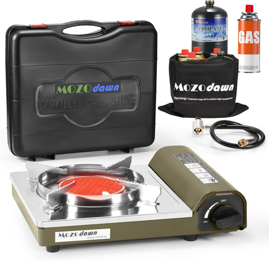 Dual Fuel Camp Stove, 8000 BTU Infrared Butane & Propane Portable Gas Stove, Windproof Single Burner with Carrying Case | Storage Bag | Hose Adapter, Outdoor Camping Essentials
