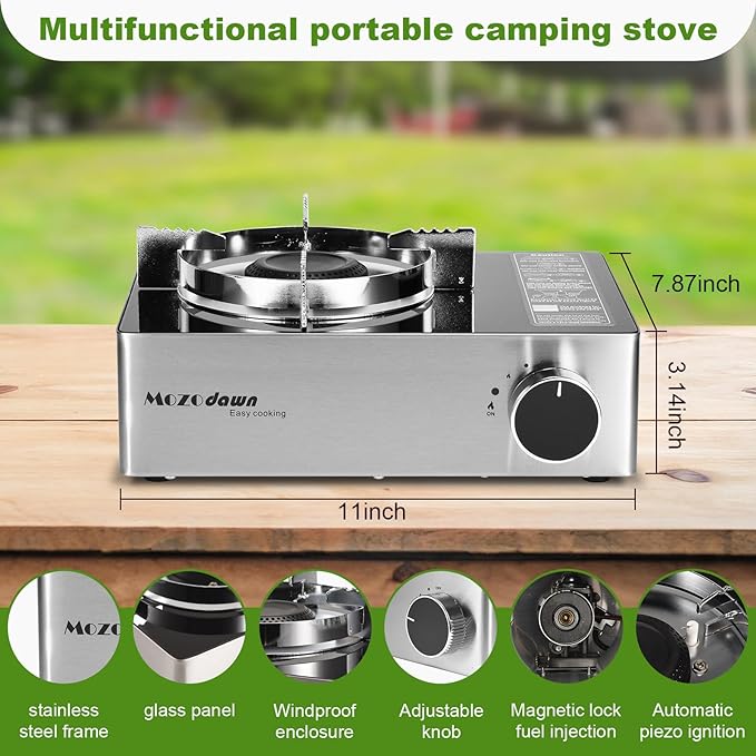 Portable Gas Stove with Case, 12000 BTU Butane Stove Wind Guard, Single Burner Camping Stove for Home Kitchen, Outdoor Camp Tent Picnics Hiking