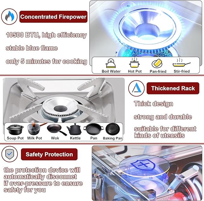 Camping Stove with Carrying Case, 10500 BTU Portable Butane Gas Stove, Automatic Ignition Single Burner Gas Stove for Outdoor Cooking, Camping, Picnics, Hiking, Fishing, BBQ