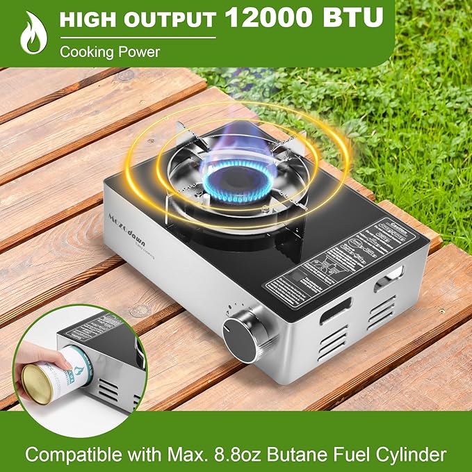 Portable Gas Stove with Case, 12000 BTU Butane Stove Wind Guard, Single Burner Camping Stove for Home Kitchen, Outdoor Camp Tent Picnics Hiking