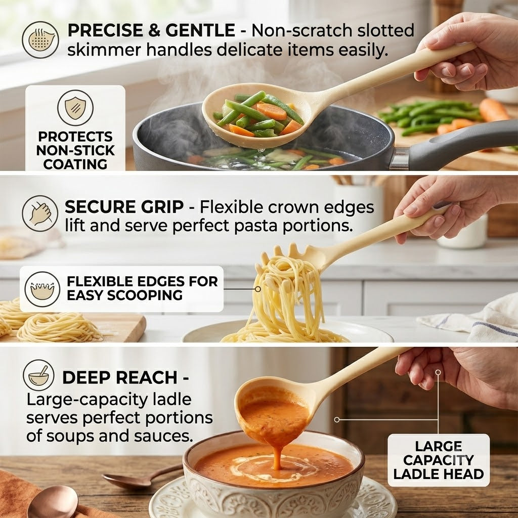 Premium 6-Piece Silicone Kitchen Utensil Set with Wooden-Style Accents - Heat Resistant, Non-Stick Cooking Spoon, Spatula, Ladle, and Pasta Server Set (Pale Beige)