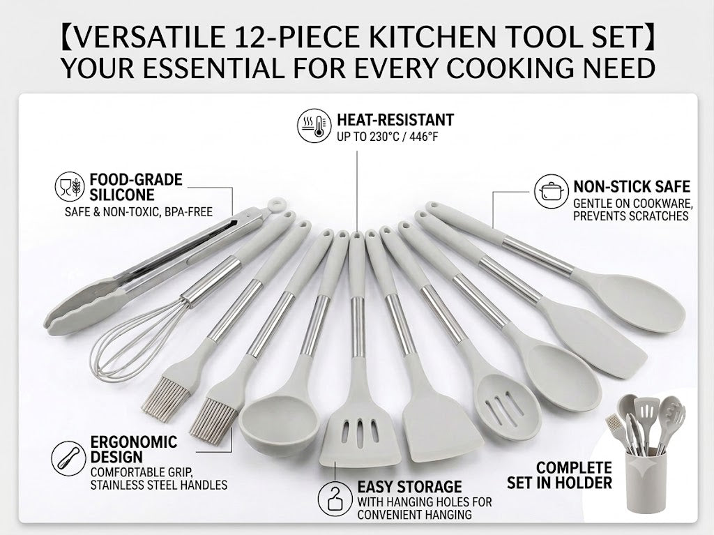 12-Piece Silicone Cooking Utensil Set for Kitchen - Heat Resistant Stainless Steel & Silicone Turner Tongs Spatula Spoon