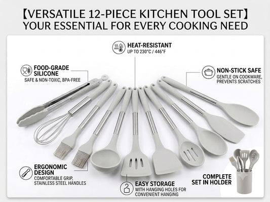 12-Piece Silicone Cooking Utensil Set for Kitchen - Heat Resistant Stainless Steel & Silicone Turner Tongs Spatula Spoon