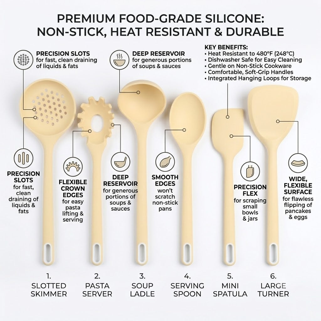 Premium 6-Piece Silicone Kitchen Utensil Set with Wooden-Style Accents - Heat Resistant, Non-Stick Cooking Spoon, Spatula, Ladle, and Pasta Server Set (Pale Beige)