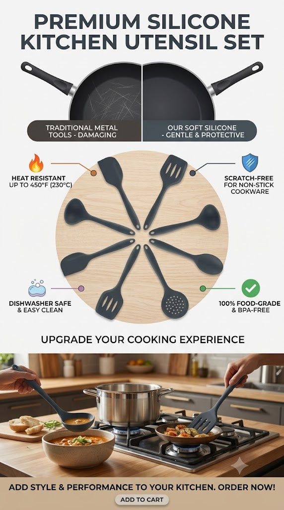 Premium Silicone Kitchen Utensil Set - 6-Piece Heat-Resistant Non-Stick Cooking Tools for Professional Kitchen